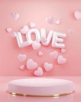 3d rendering. Letter L O V E pink heart and podium stand to show product display on pink color background. Abstract minimal geometric shapes backdrop for valentine day design photo