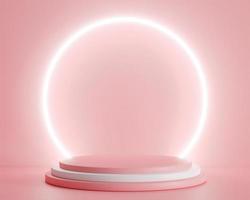 3d rendering. Podium stand to show product display on pink color background and ring light. Abstract minimal geometric shapes backdrop for valentine day design photo