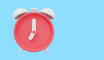 Minimal red cartoon alarm clock. 3D rendering. Icon on blue background , space for text. photo