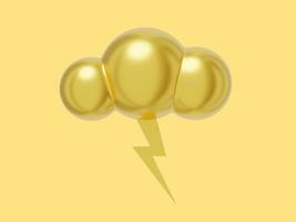 nube de dibujos animados con metal dorado relámpago. representación 3d icono sobre fondo amarillo. foto
