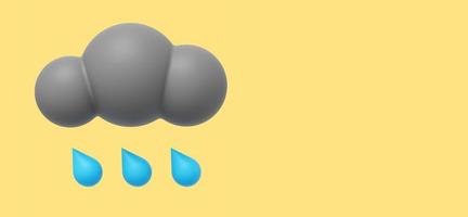 nube gris de dibujos animados con lluvia. representación 3d icono sobre fondo amarillo, espacio para texto. foto