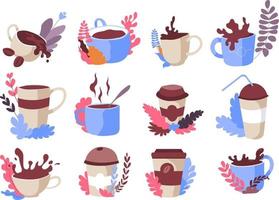 Coffee cups with splashes and beverages drops vector