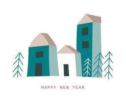 feliz año nuevo, calle con edificios y árboles vector