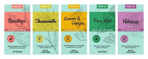 Herbal tea label, template flower leaf sticker vector