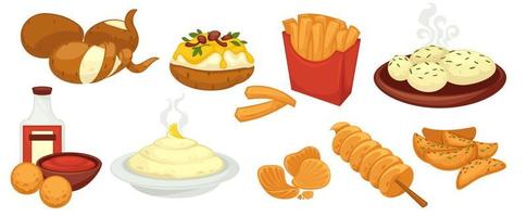 Potato dishes variety, baked and fried lunches vector