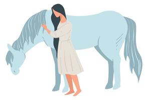 Woman standing by horse, lady and equine animal vector