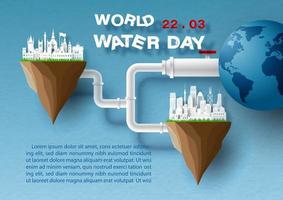 Water pipe from global to imagine city and the day, name of event, example texts in paper cut style on blue gradient paper pattern background. World water day poster's campaign in vector design