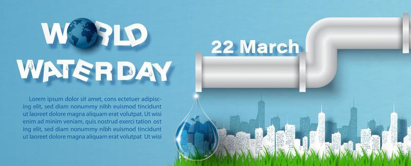 Water pipe with water drop in glass style and the day, name of event, example texts on cityscape in paper cut style on blue gradient paper pattern background. World water day's poster campaign.