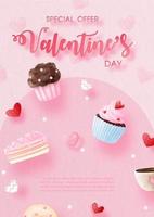 panadería dulce con decoración de la oferta especial del día de san valentín y banner de tienda en acuarelas y estilo de capas con texto de ejemplo de venta sobre fondo rosa. vector