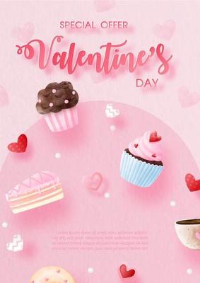 Sweet bakery with decoration of Valentine day's specials offer and shop banner in watercolors and layers style with wording of sale' example texts on pink background.