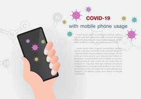 Closeup and crop human hand holding smart mobile phone with symbols of virus and wording about COVID-19, example texts on science icon pattern and white background. vector