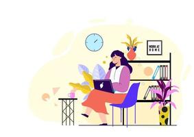 Woman working on laptop at home on white background. Corona virus quarantine concept with working from home for protection contagion of virus in flat cartoon character design. vector