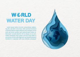 The blue globe on giant water droplet and abstract shape in paper cut style with wording of World water day, example texts on white paper pattern background. vector