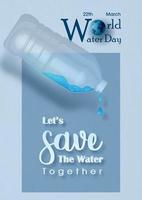 Plastic water bottle with droplets in 3d style on slogan of world water day's campaign, the day and name of event on blue paper pattern background. vector