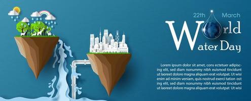 Natural mechanism with water pipe to cityscape in paper cut style on wording of World water day, example texts and blue gradient paper pattern background. World water day's poster campaign in vector. vector