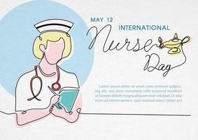 enfermera en caricatura y personaje de una línea con texto del día de las enfermeras, textos de ejemplo sobre fondo de patrón de papel blanco. vector