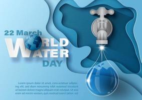 Front view of water tap with glass droplet, the day and name of event, example texts on blue layer of abstract shape in paper cut style and navy blue paper pattern background. vector