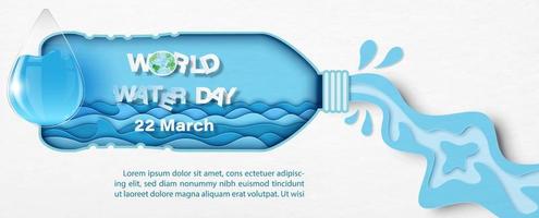 gota de agua en estilo de vidrio con el día y el nombre del evento en forma de botella y agua aislada sobre fondo de patrón de papel blanco. campaña de afiches del día mundial del agua en estilo de corte de papel y diseño vectorial. vector