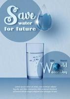 vaso de agua con la redacción del día mundial del agua en estilo de corte de papel y gota de vidrio, textos de ejemplo sobre fondo azul. campaña de afiches del día mundial del agua en diseño vectorial. vector