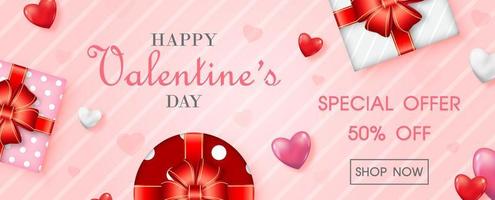 Gift box decoration of Valentine day's specials offer and shop banner with wording of sale' example texts on pink background. vector