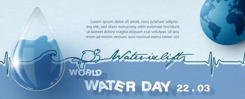 Water droplets in glass style with wording of world water day in line art drawing and paper cut style, example texts on blue background. World water day poster's campaign in vector design.