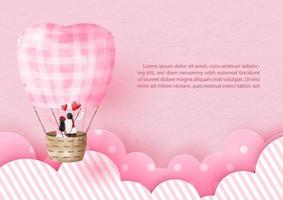 A couple flying on clouds in paper cut style with pink hot air balloon in watercolors style and example texts on pink paper pattern background. Valentine greeting card in vector design.