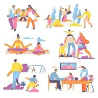 Family rest and relax, yoga and sports outdoors vector