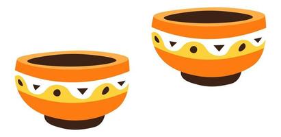 Clay bowls with ornaments, handmade pots vector