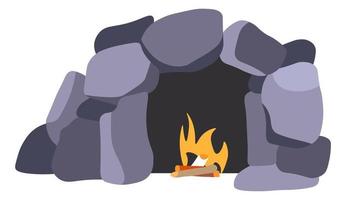 Bonfire in cave, ancient rocks and cliffs vector