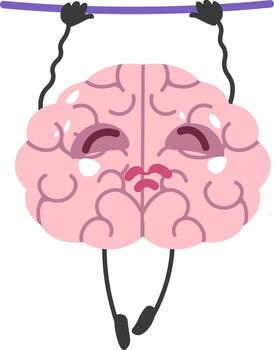 Brain character with barbell, isolated mind working out. Intelligence development and obtaining of knowledge, brainstorming and thinking on solution of problems, exercises. Vector in flat style