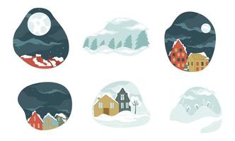 paisaje invernal, pueblo y ciudad nevando clima vector