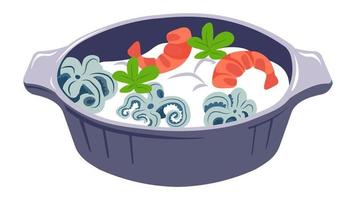 Seafood soup with shrimps and octopus on milk vector