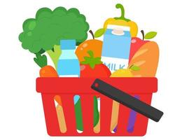 Red grocery shopping basket full of fresh food on white background. Healthy organic fresh and natural food. Concept for online grocery ordering