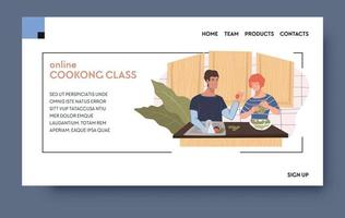 Online cooking classes, lessons with tricks and recipes. Man and woman preparing food at home kitchen. New hobby. Website or web landing page template with navigation buttons. Vector in flat style