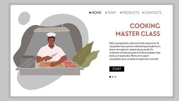 master class de cocina, clases y lecciones con chef profesional especialista. personaje masculino en la cocina con comida. sitio web o plantilla de página de destino web con botones de navegación. vector en estilo plano