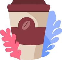 café en vaso de plástico con logo de frijol y flores vector