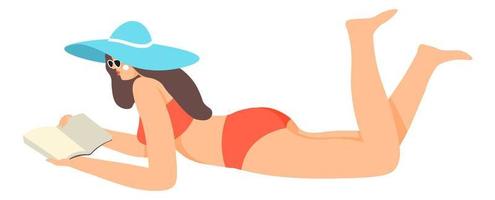 Woman in swimming suit reading book on vacation vector