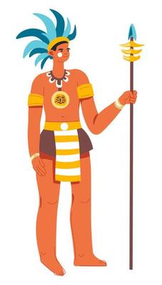 Maya warrior, man with spear and feather hats