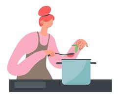 mujer preparando sopa, niña cocinando comida y comiendo vector