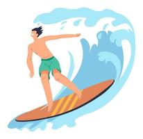 hombre surfeando en olas, actividades de verano y diversión vector