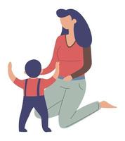 Mom helping toddler to learn walking, first steps vector