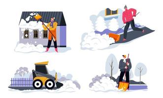 People cleaning road and yard from snow in winter vector