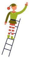 Elf in costume standing on ladder, xmas character vector