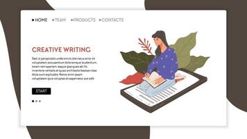 Creative writing, making content and publications. Woman working on social media promotion and developments. Website or web landing page template with navigation buttons. Vector in flat style