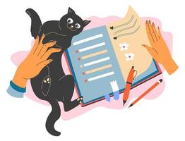 Writing down in diary and playing with cat vector