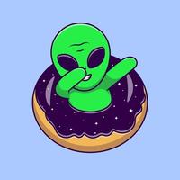 lindo extraterrestre frotando en la ilustración de iconos de vector de dibujos animados de donut. concepto de caricatura plana. adecuado para cualquier proyecto creativo.