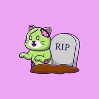 Cute Cat Zombie From Grave Cartoon Vector Icons Illustration. Flat Cartoon Concept. Suitable for any creative project.