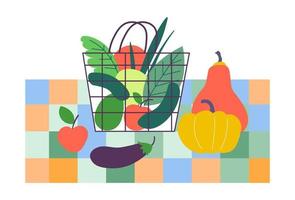 Basket with fruits and vegetables, healthy eating vector