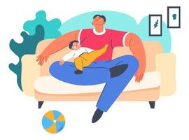 Dad and kid on couch spending weekend together vector