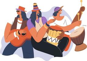 Musicians with instruments for reggae, isolated male characters with acoustic guitar or ukulele, drums and vocals singing. Festival performance or rehearsal for concert. Vector in flat style